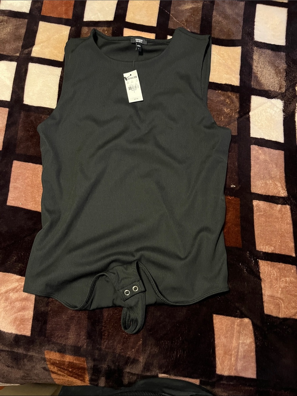 Express Black Ribbed Snap-Closure Tank Bodysuit